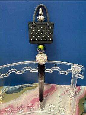 New Beaded Black Polka Dot Purse Pen with Crystal Accents